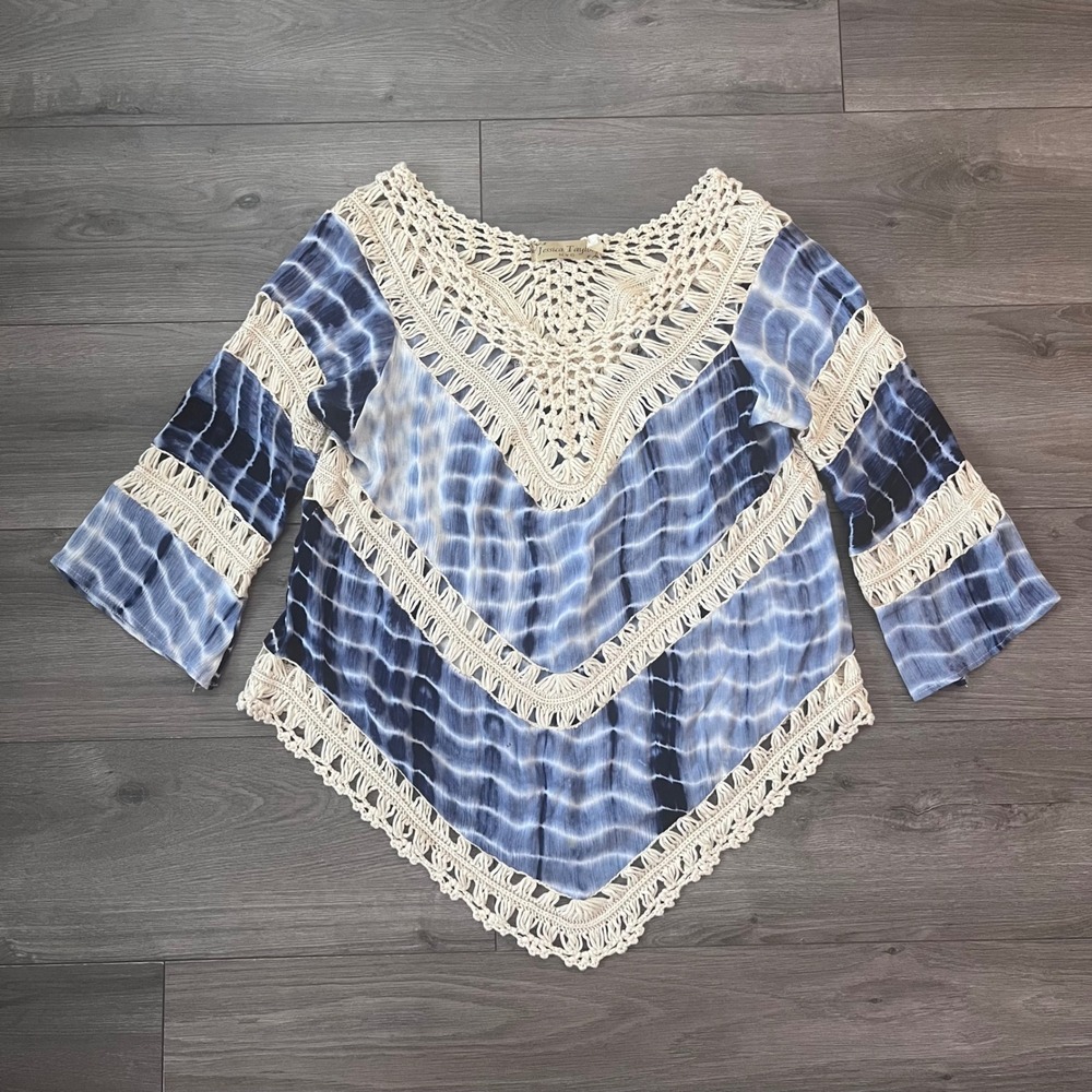 Jessica Taylor NYC Blue Tie Dye Crochet Lace Handkerchief Hem Boho Tunic Top OS